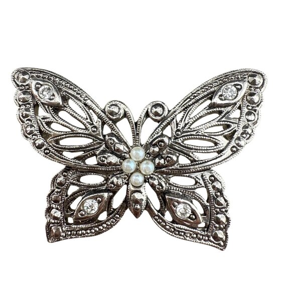 Avon Silver-Tone Butterfly Brooch With Faux Pearls & Rhinestones - Picture 1 of 5